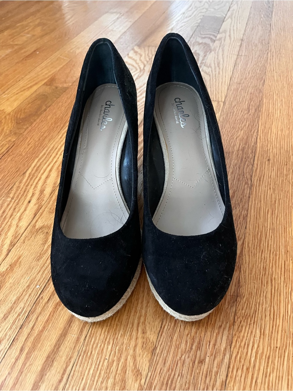 Charles David black round toe wedges, size 9